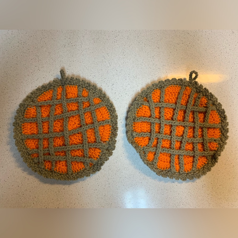 Pumpkin Pie Potholders Decorative Double Thick New Handmade Crochet